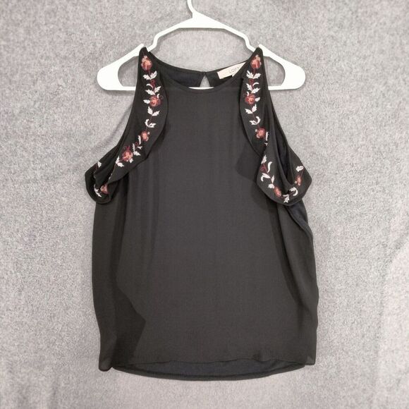 Ann Taylor LOFT Tank Top Womens Sz M Black Floral Embroidered Multicolor Ruffle - Picture 1 of 11